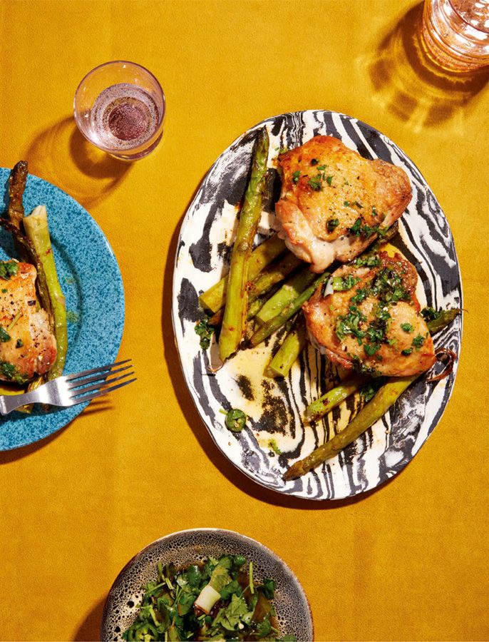 PanRoasted Chicken Thighs with Asparagus and Charred ScallionSesame
