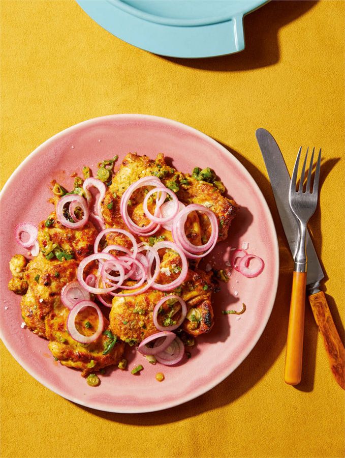 IndianSpiced Yogurt Chicken with Quick Pickled Onion and Herbs from