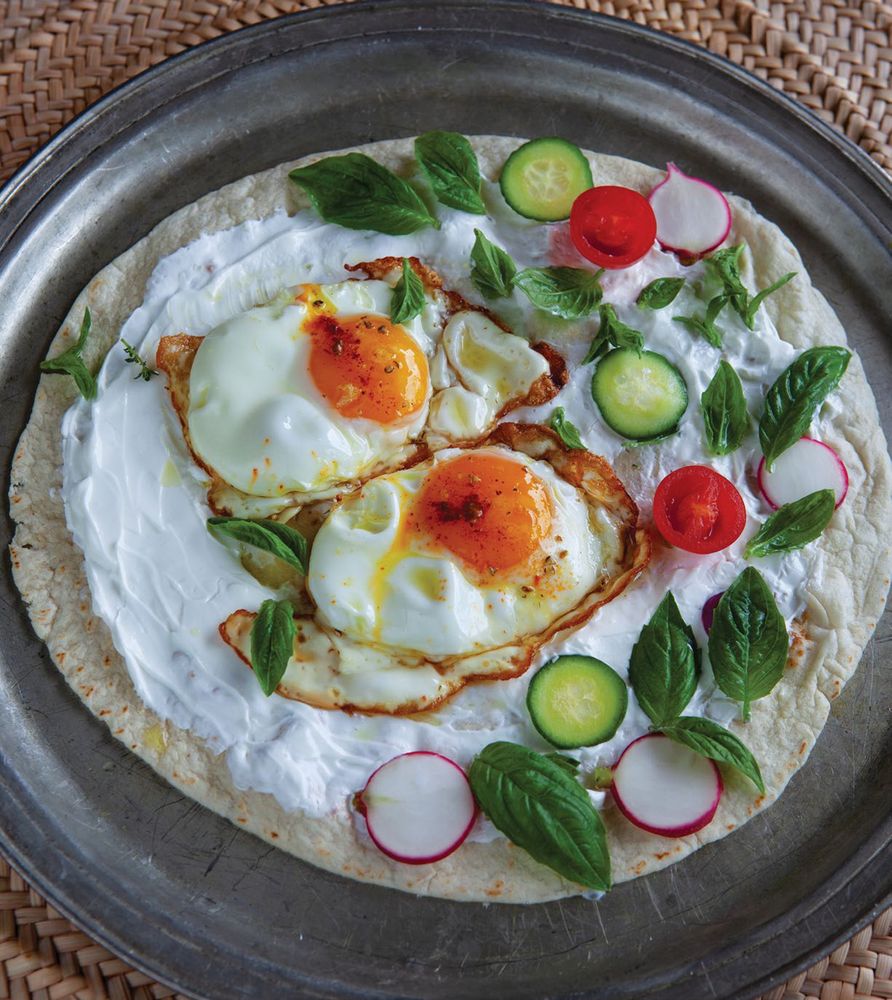 Lavash Topped with Garlicky Yogurt + Fried Eggs from Cooking in Iran
