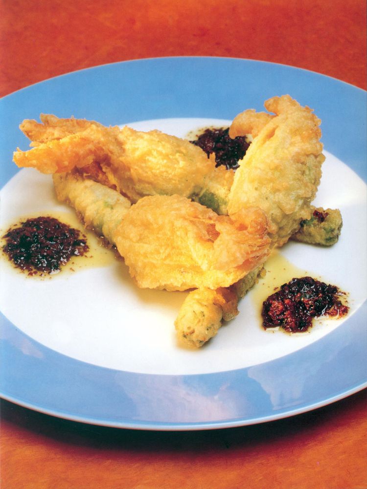 Deepfried courgette flower parcels of sheep’s cheese and pinenuts with