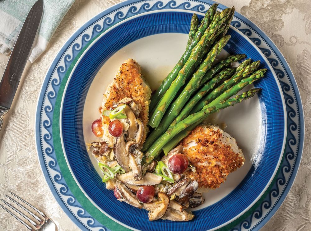Seared, Roasted Cod with Shiitakes, Scallions, and Grapes from Cast