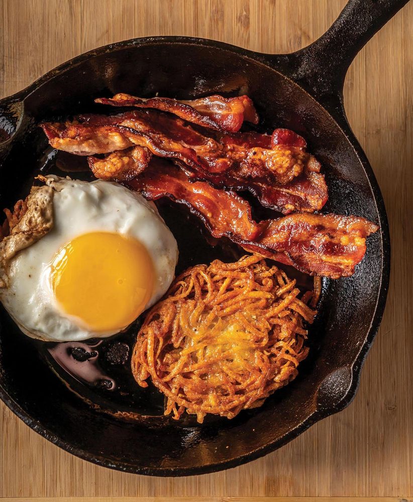 Crunchy Potato Latkes with Bacon and Eggs from CastIron Cooking for Two 75 Quick and Easy