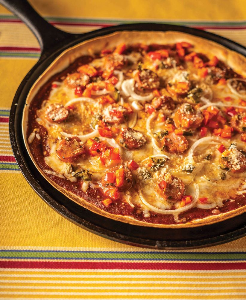 ThinCrusted Mexican Pizza with Queso Oaxaca and Chorizo from CastIron
