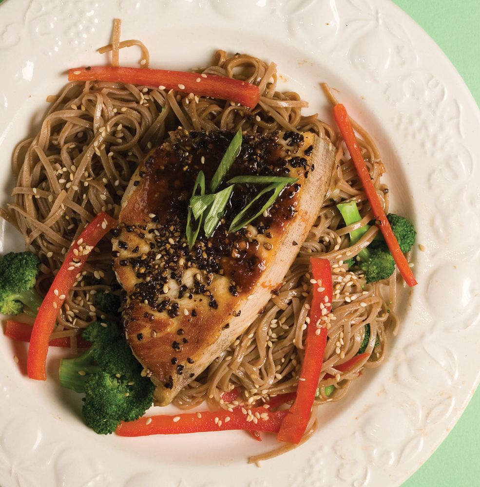 Seared Swordfish over GingerSesame Noodles with Asian Vinaigrette from