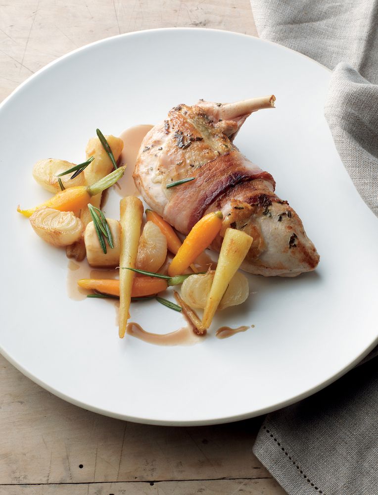 Pan-roasted guinea fowl with smoked bacon, vegetables and mustard sauce ...