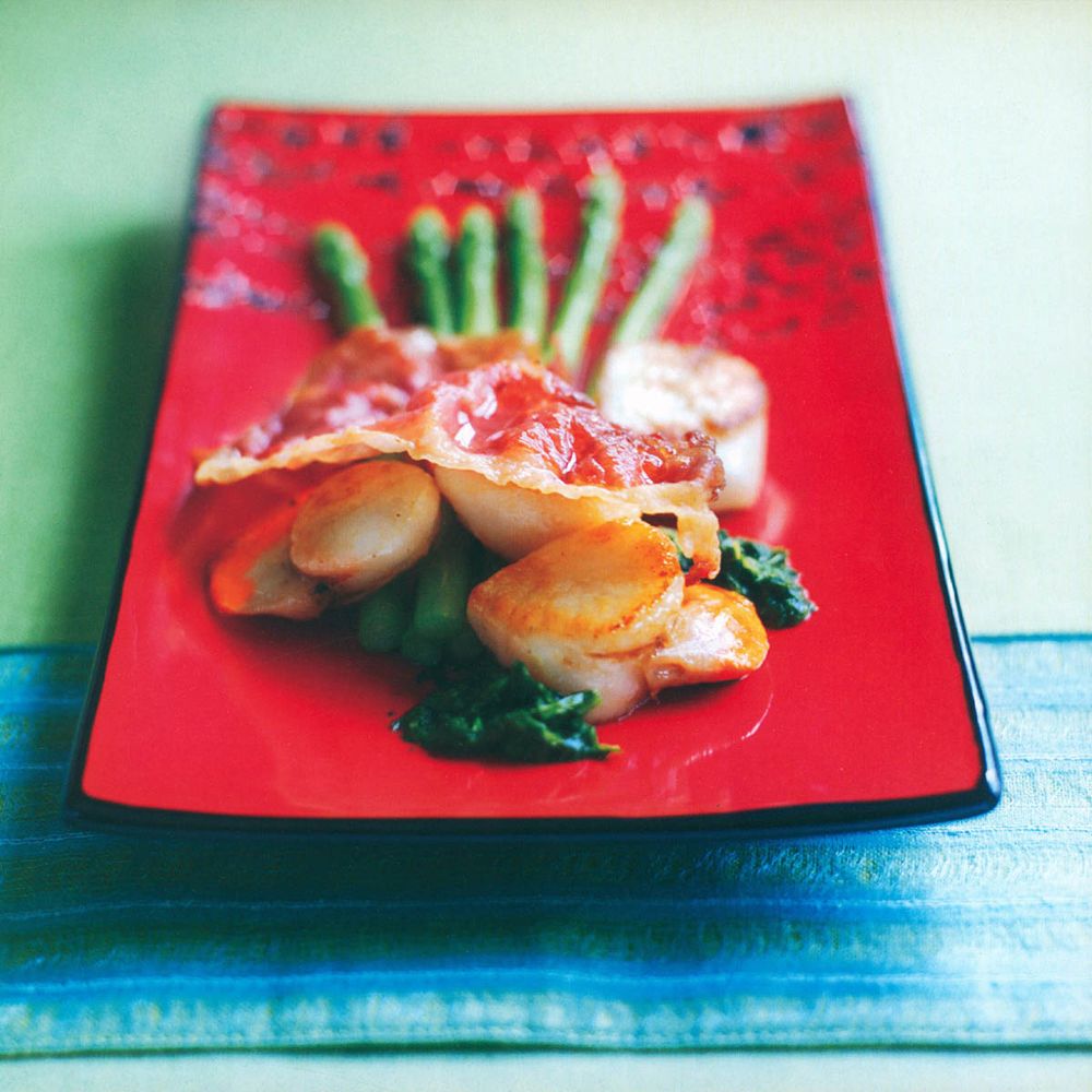 Panfried Scallops with Crisp Prosciutto, Asparagus and Herby Salsa