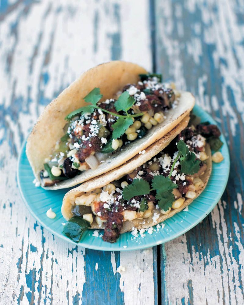 Mushroom, Rajas, and Corn Taco with Queso Fresco from Amor y Tacos by Deborah Schneider