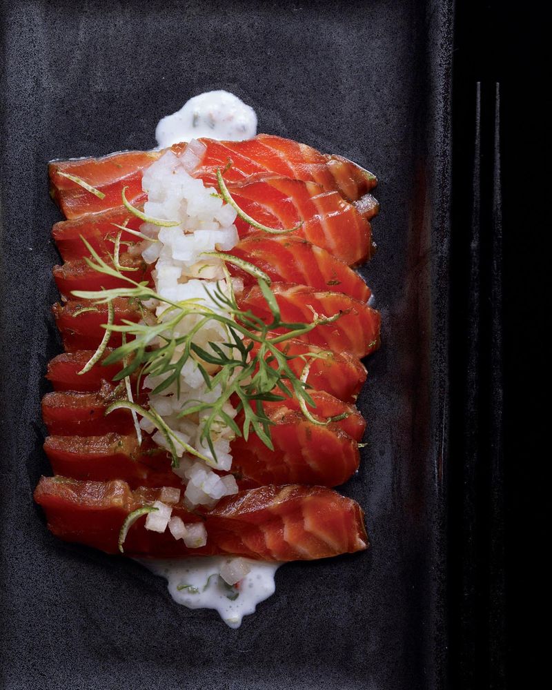Soy-Cured Salmon, Asian Pear, and Cilantro Crème Fraîche from Asian Flavors of Jean-Georges by Jean-Georges Vongerichten