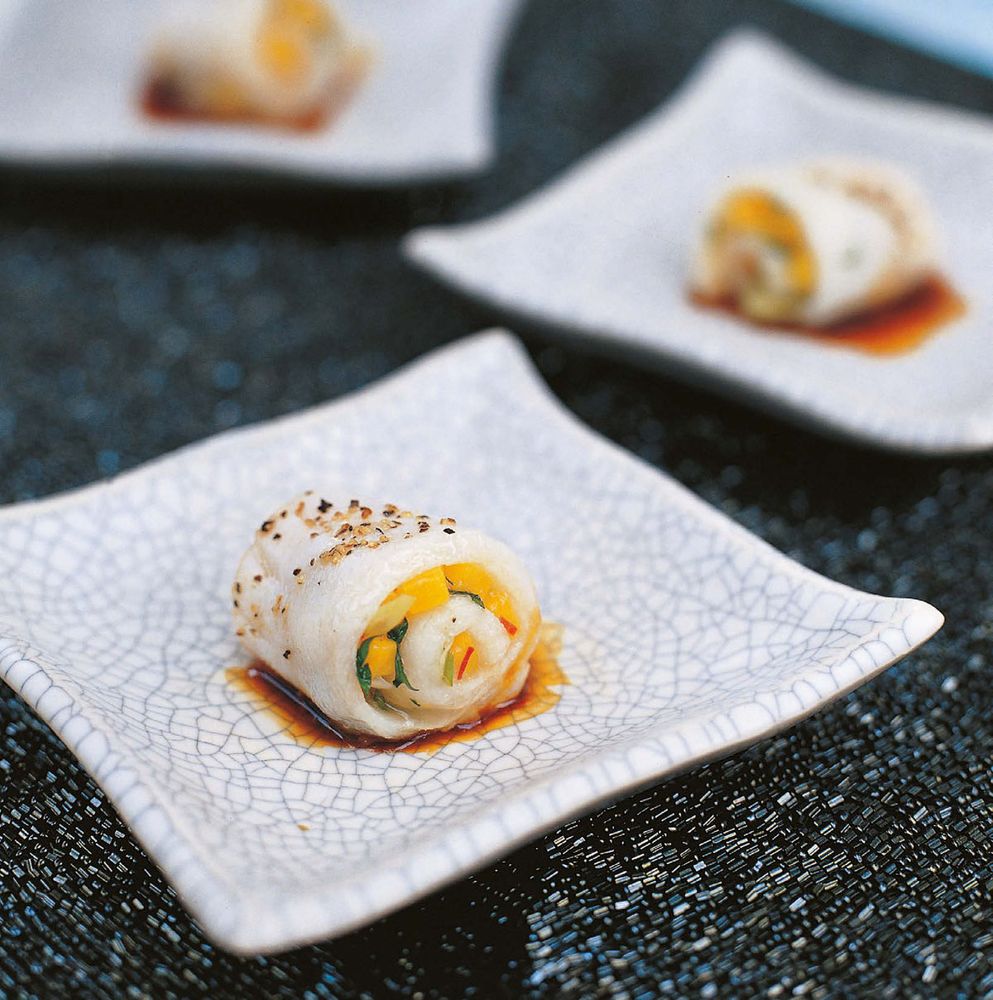 Steamed fish roll-ups with mango and fragrant herbs from Asian Tapas ...