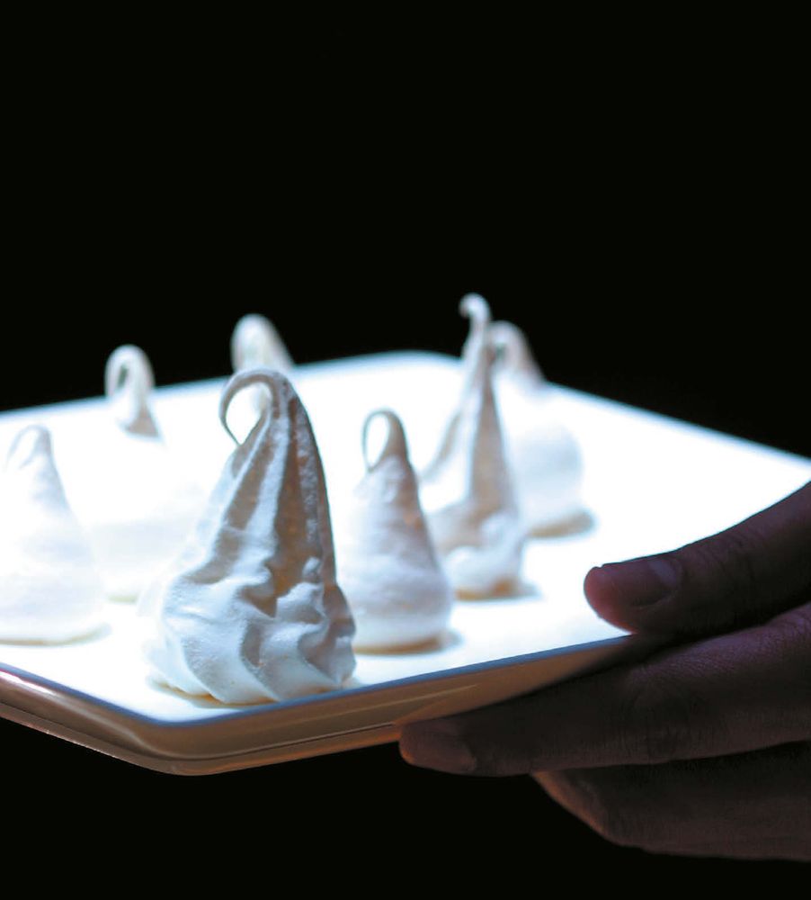 Coconut pannacotta with lavender jelly, mangosteen meringue and melted