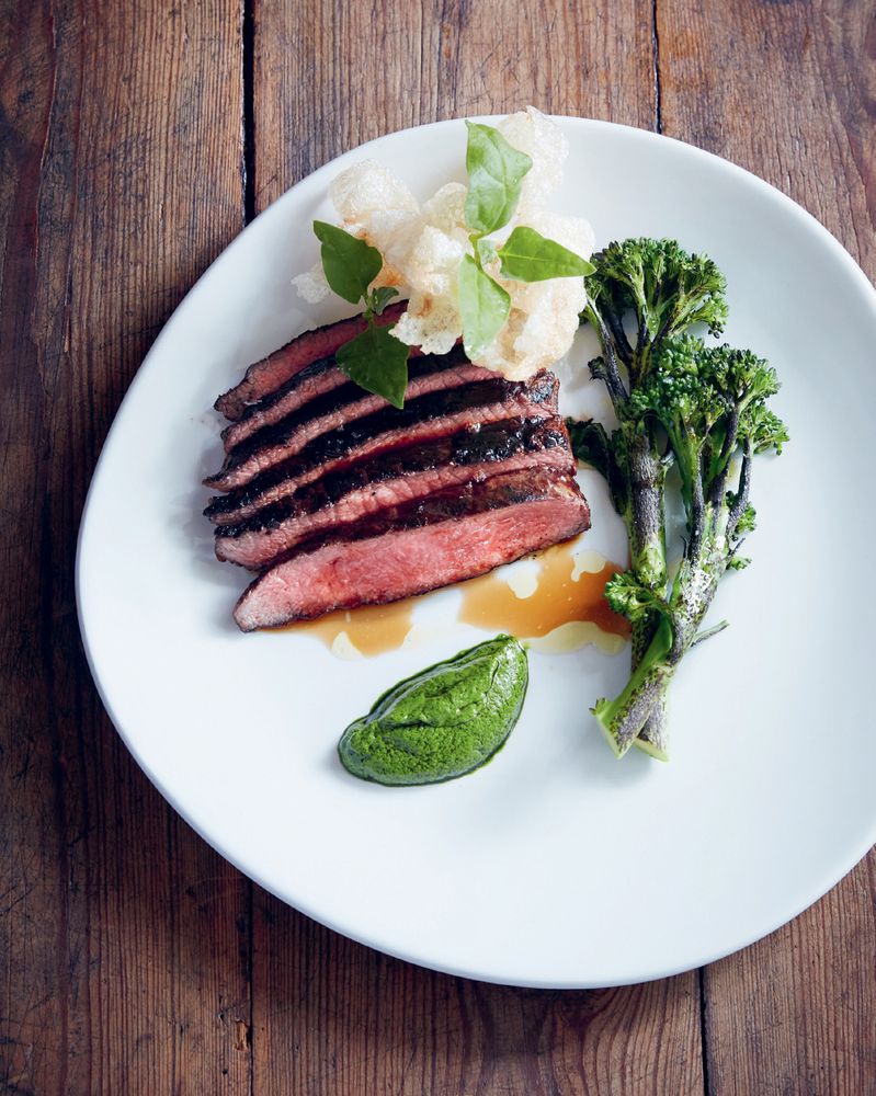 Oyster Blade Steak &amp; Broccolini with Puffed Beef Tendon &amp; Wasabi Sauce from Boronia Kitchen: The Cookbook by Simon Sandall