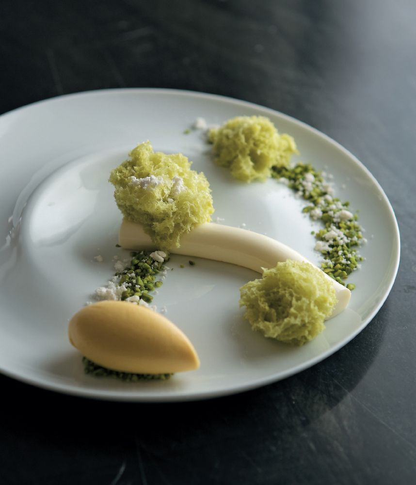 Pistachio Cake, Yoghurt Cream and Mandarin Ice Cream from Bentley by