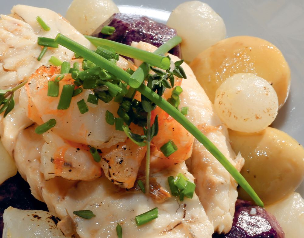 Sea Bass Fillets au Meunière with New and Vitelotte Potatoes and Pearl