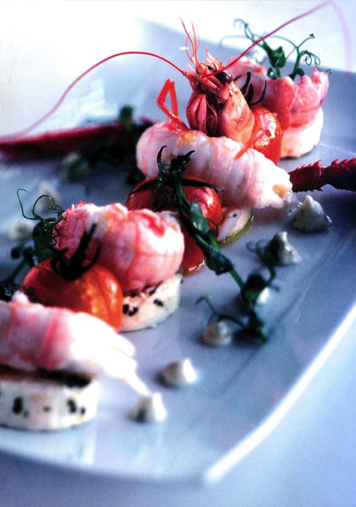 Salad of Dublin Bay Prawns, with Marinaded Lowna Goats’ Cheese, Salad