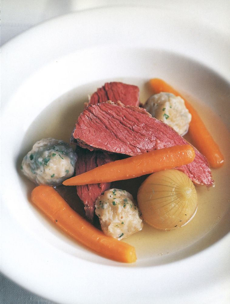 Boiled salt beef with carrots and Dumplings from British Food by Mark Hix