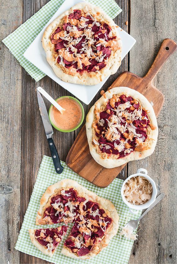 Seitan Reuben Pizza with Caraway Seed Crust from But I Could Never Go