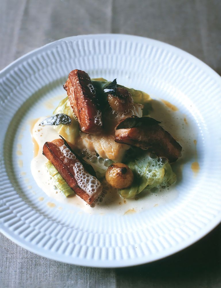 Salted cod with winter cabbage, bacon and beer sauce from Gourmet Food for a Fiver by Jason Atherton