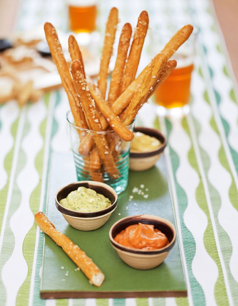 Homemade Pretzel Sticks with Three Mustards from Gourmet Game Night by