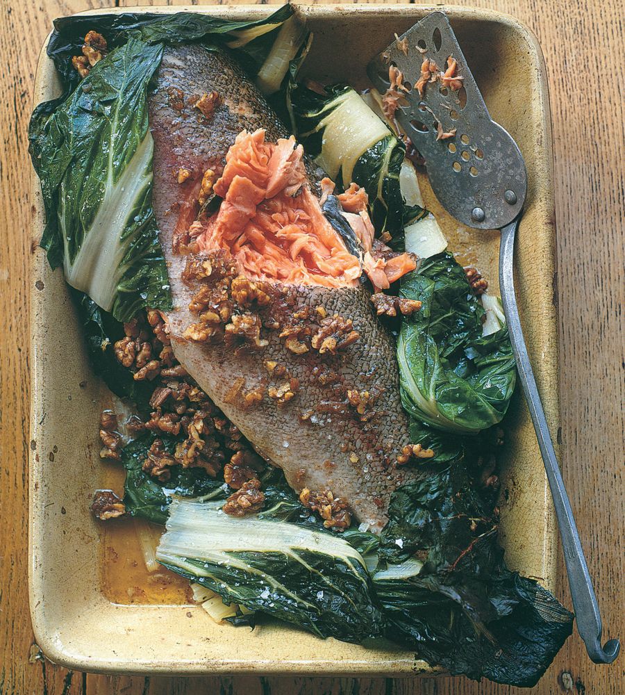Sea Trout with Chard and Walnuts from The Game Cookbook by Clarissa Dickson Wright and Johnny Scott