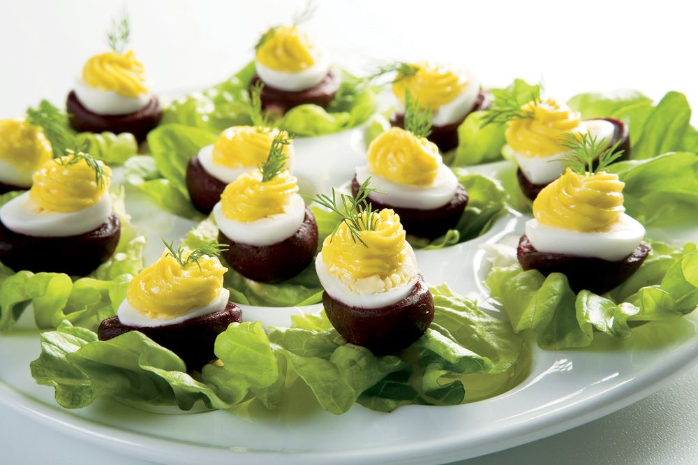 Stuffed Quail Eggs in Baby Beets from Professional Garde Manger A Comprehensive Guide to Cold