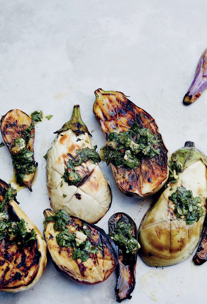 Grilled Eggplant, Mojo de Ajo & Basil Salsa Verde from Gjelina