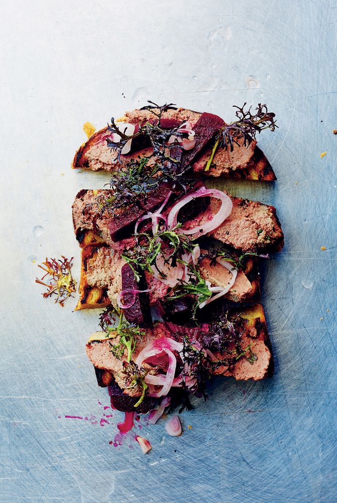 Chicken &amp; Duck Liver Pâté with Pickled Beets &amp; Mustard Greens on Brioche Toasts from Gjelina: Cooking from Venice, California by Travis Lett