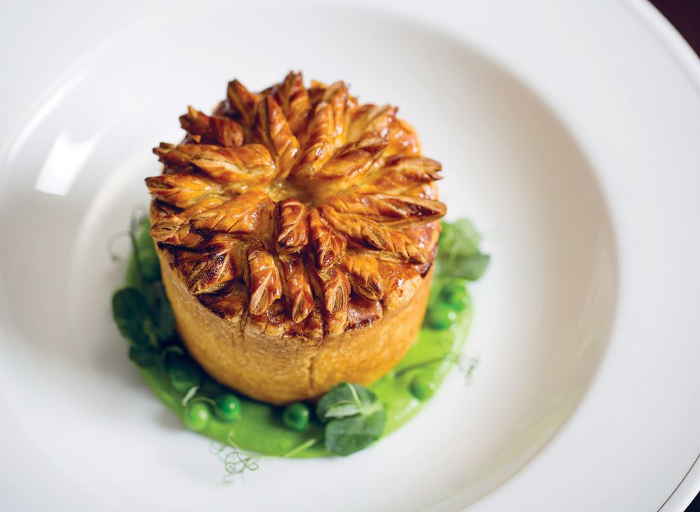Rabbit, girolle & tarragon pie with garden peas from Glorious Game by