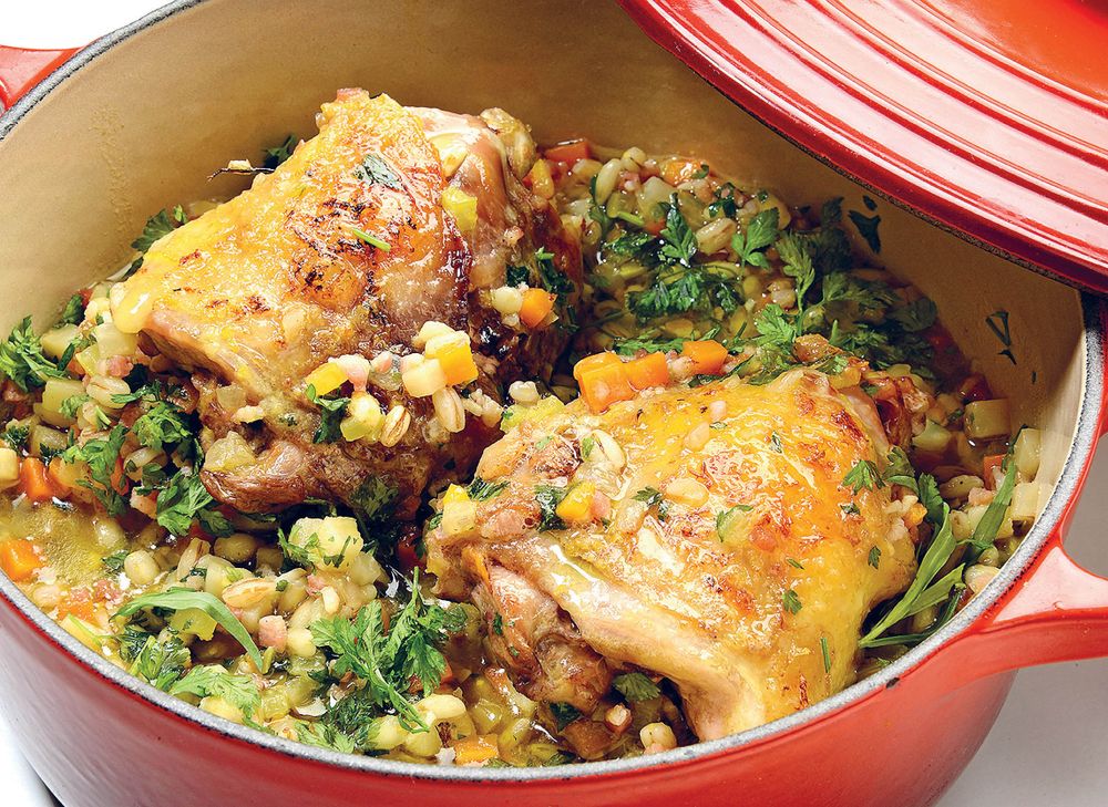 Roast breast & potroast thigh of pheasant, pearl barley casserole, soft herbs from Glorious
