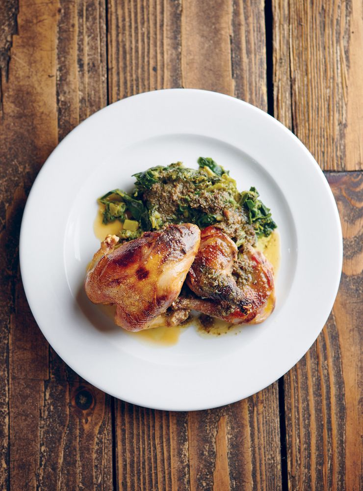 Roast partridge with cime di rapa, rosemary & anchovy dressing from Glorious Game by Tim Siadatan