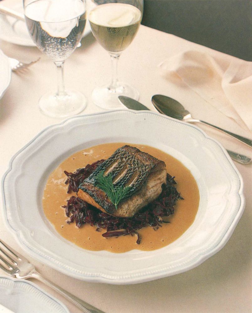 PanFried Cornish Sea Bass on a Bed of Caramelized Red Cabbage from