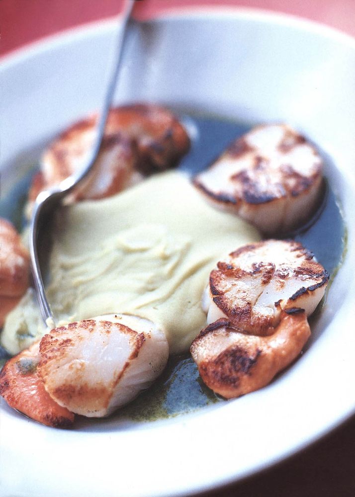 Griddled Scallops with Pea Puree and Mint from Great British Chefs 2 by Rowley Leigh