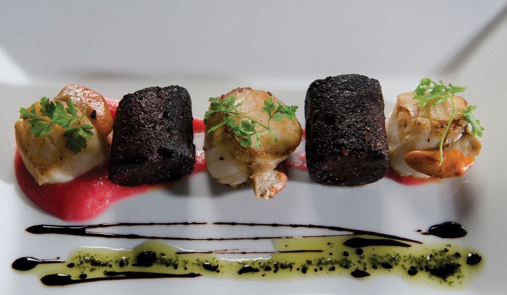 PanSeared King Scallops with Black Pudding and Rhubarb from The Great