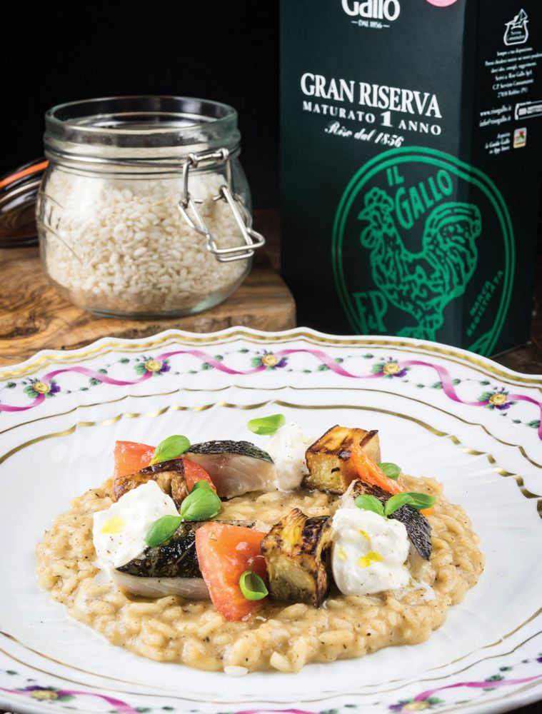 Risotto alle Melanzane con Sgombro Marinato e Burrata from 4 Grosvenor Square by Danilo Cortellini