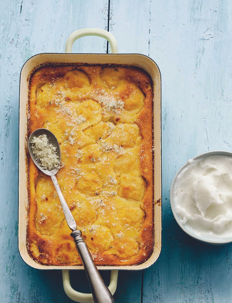 Peach Clafoutis with Buttermilk Sorbet and Rosemary Sugar from 100 Desserts to Die For by Trish Deseine