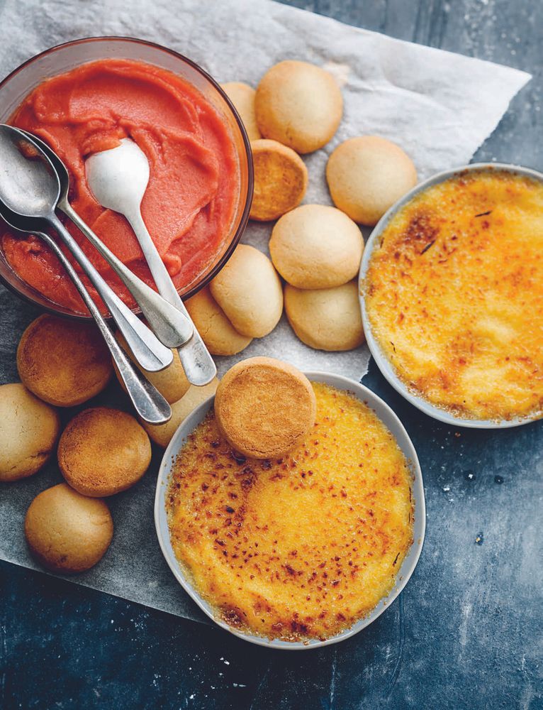 Saffron Crème Brûlée With Blood Orange Sorbet and Burnt Butter Biscuits from 100 Desserts to Die For by Trish Deseine