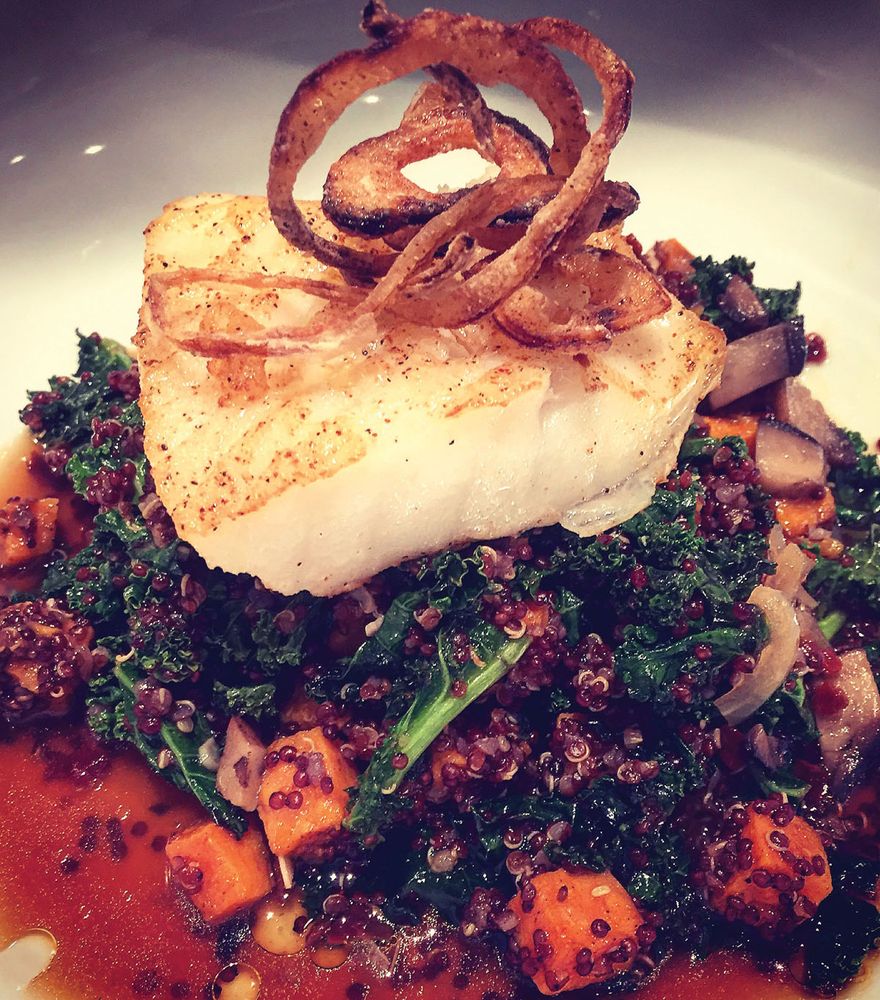Roasted Sea Bass and Mushroom Broth with Quinoa, Sweet Potatoes and