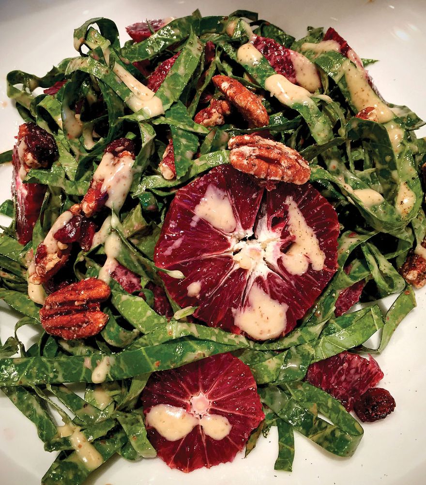 Collard Green and Blood Orange Salad with Candied Pecans and Creamy