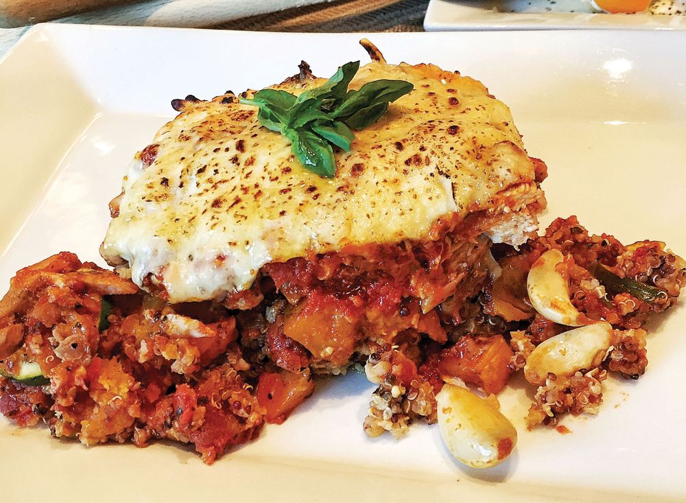 Chicken Quinoa and Roasted Sweet Potato Lasagna with Smoked Gouda and