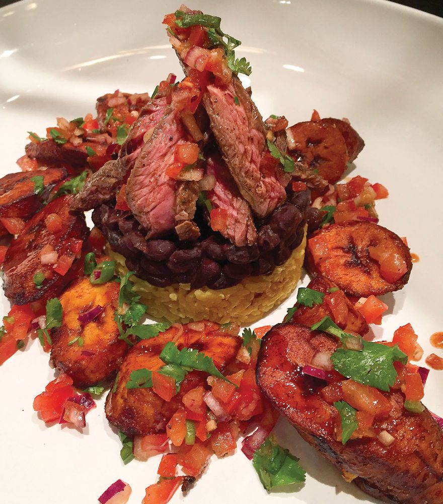 Grilled Bison Skirt Steak with Black Beans, Yellow Rice and plantain