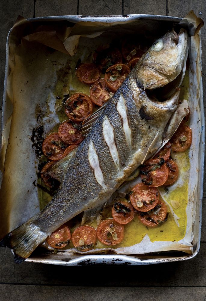 Baked Sea Bass with Tomatoes from The Eagle Cookbook by David Eyre