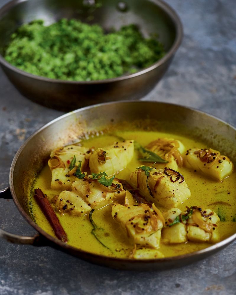 Sri Lankan mustard fish curry with broccoli pea ‘rice’ from East by