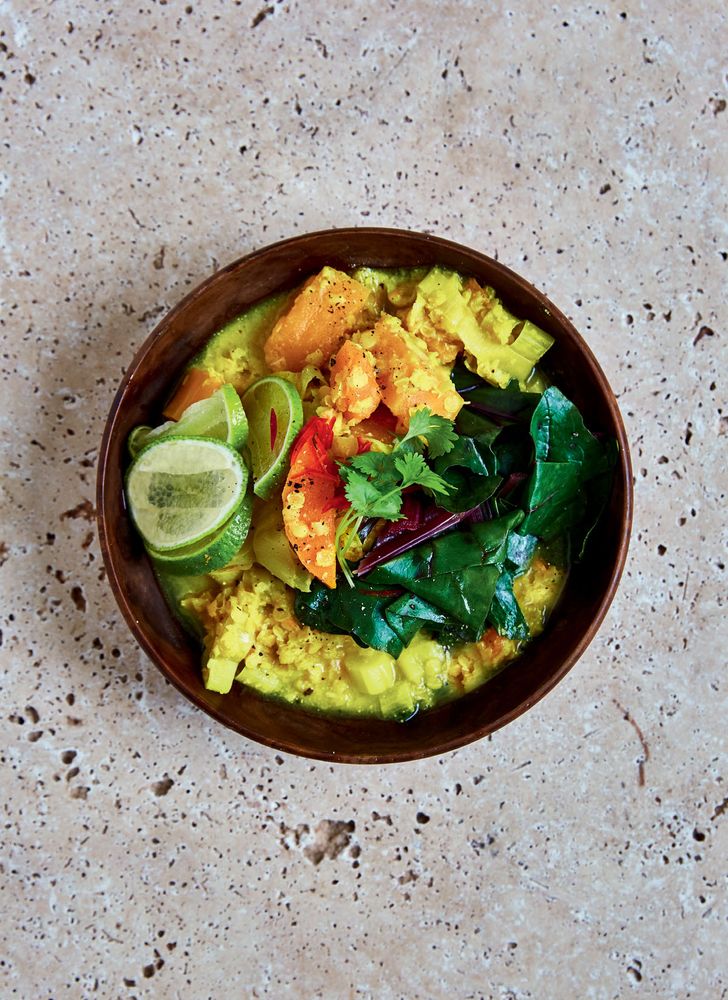 Coconut, squash, lentil and leek curry with rainbow chard from East by West by Jasmine Hemsley