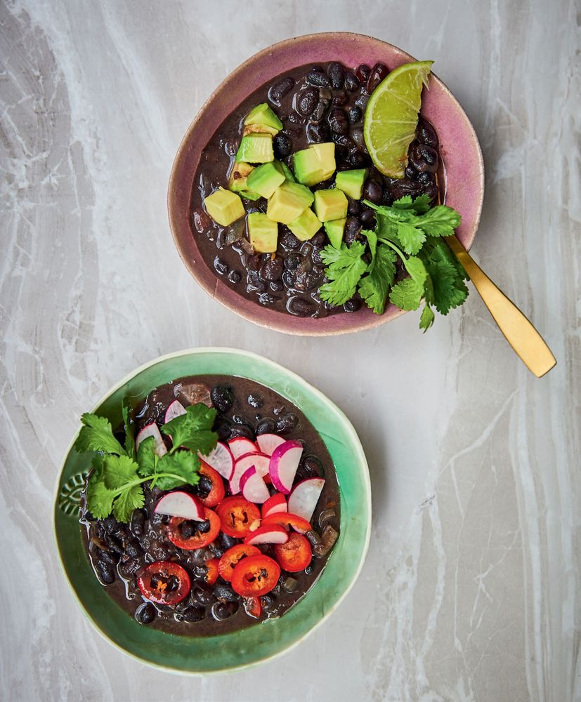 Black bean soup with avocado and lime from East by West by Jasmine Hemsley