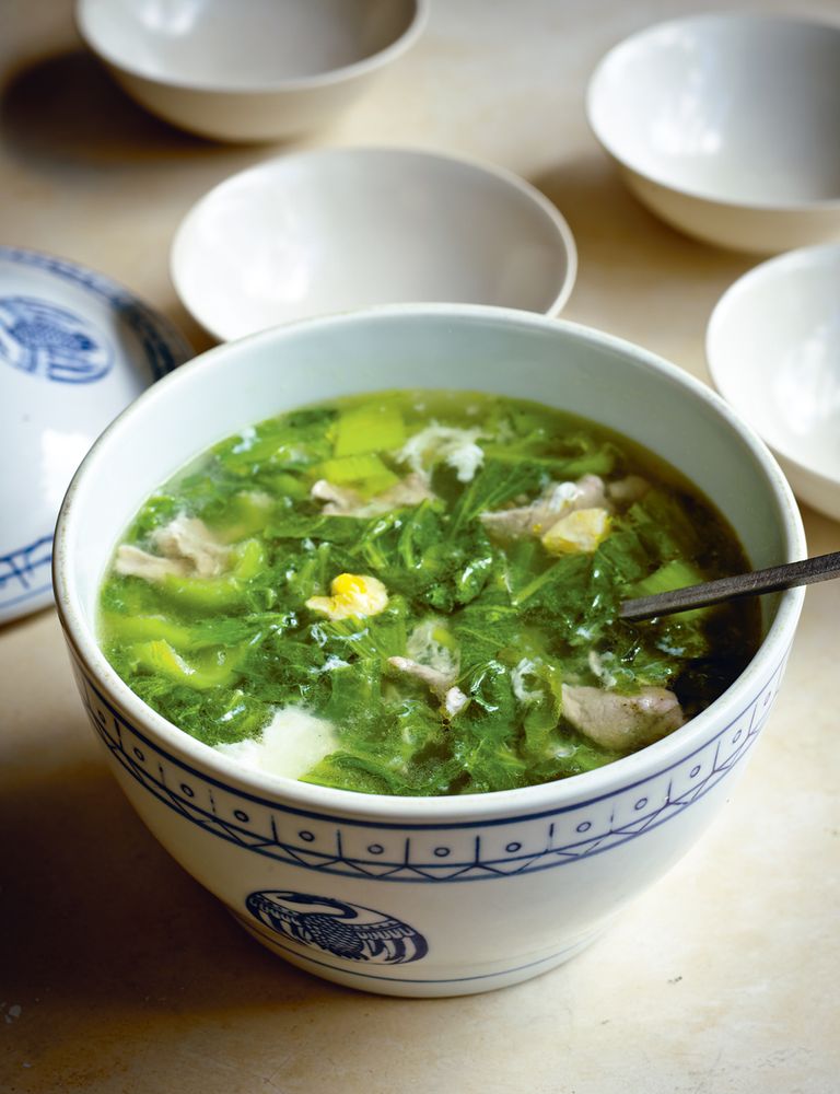 Soup of Salted Duck Eggs, Sliced Pork and Mustard Greens from Every Grain of Rice by Fuchsia Dunlop