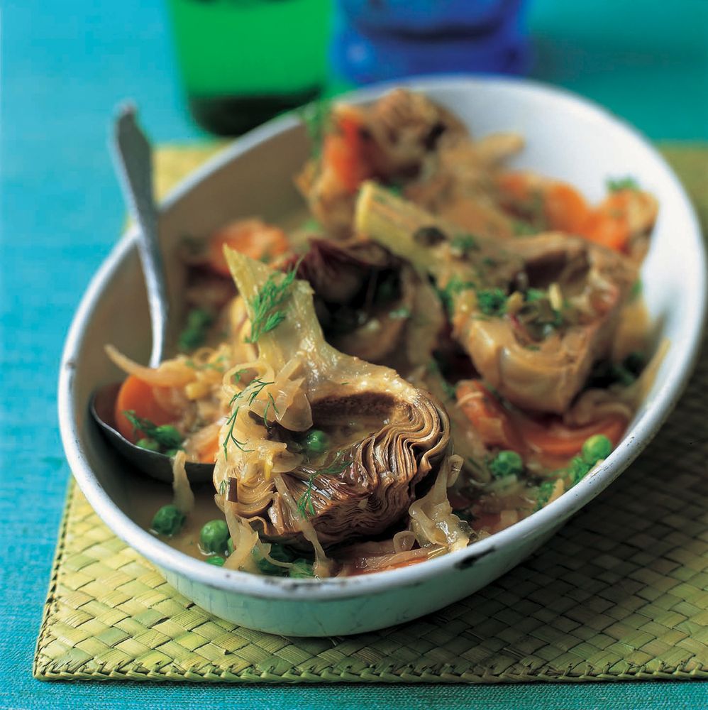 Braised artichokes with fresh peas from The Food & Cooking of Greece by