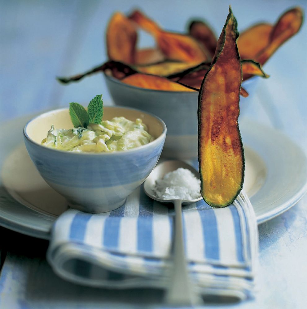 Fried courgettes & aubergines with cucumber & yogurt dip from The Food