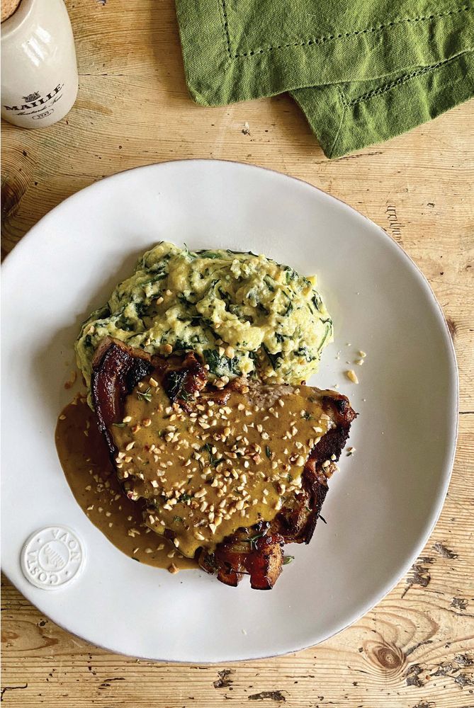 Marinated Pork Chops with Saffron Mustard Sauce & Roasted Hazelnuts