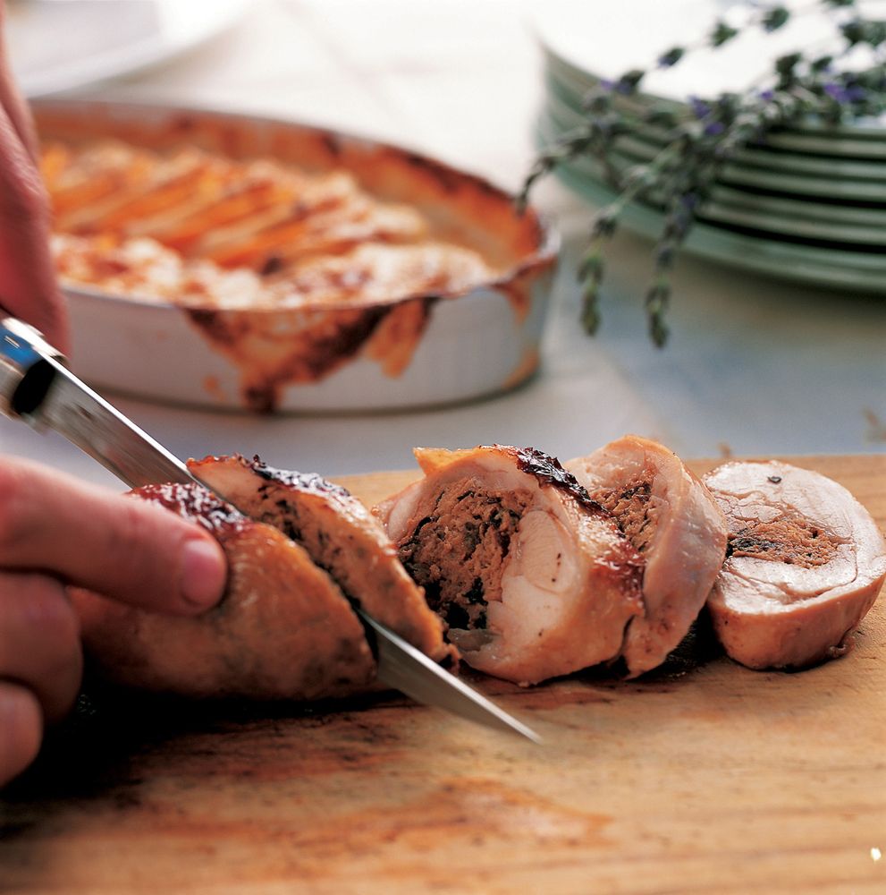FreeRange Chicken with Prune Stuffing, Honey, Lemon and Lavender Sauce and Butternut