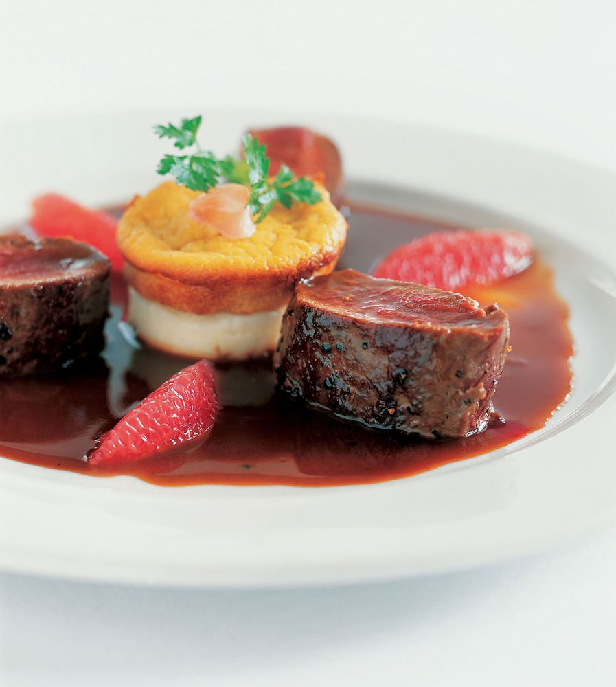Grilled springbok loin with celeriac purée, butternut, orangeand ginger ...