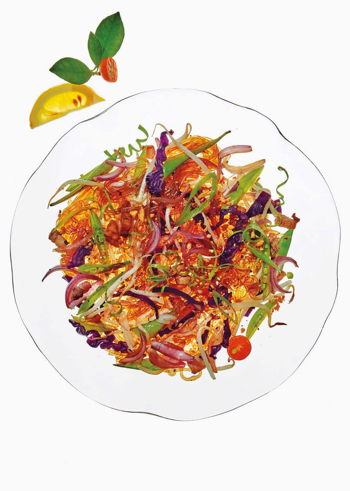 StirFried Sweet Potato Noodles with Pork Belly, Black Pepper, and Red Cabbage from Filipinx by